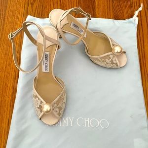 Worn once - Jimmy Choo Sacora 85 Ivory Floral Lace Sandals with Pearl Detail